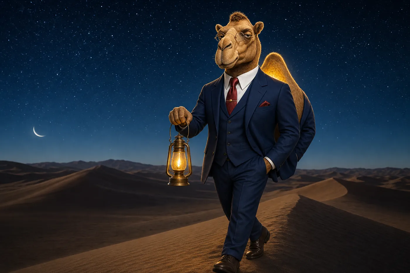 Humphrey walking across moonlit dunes at night carrying a brass lantern.