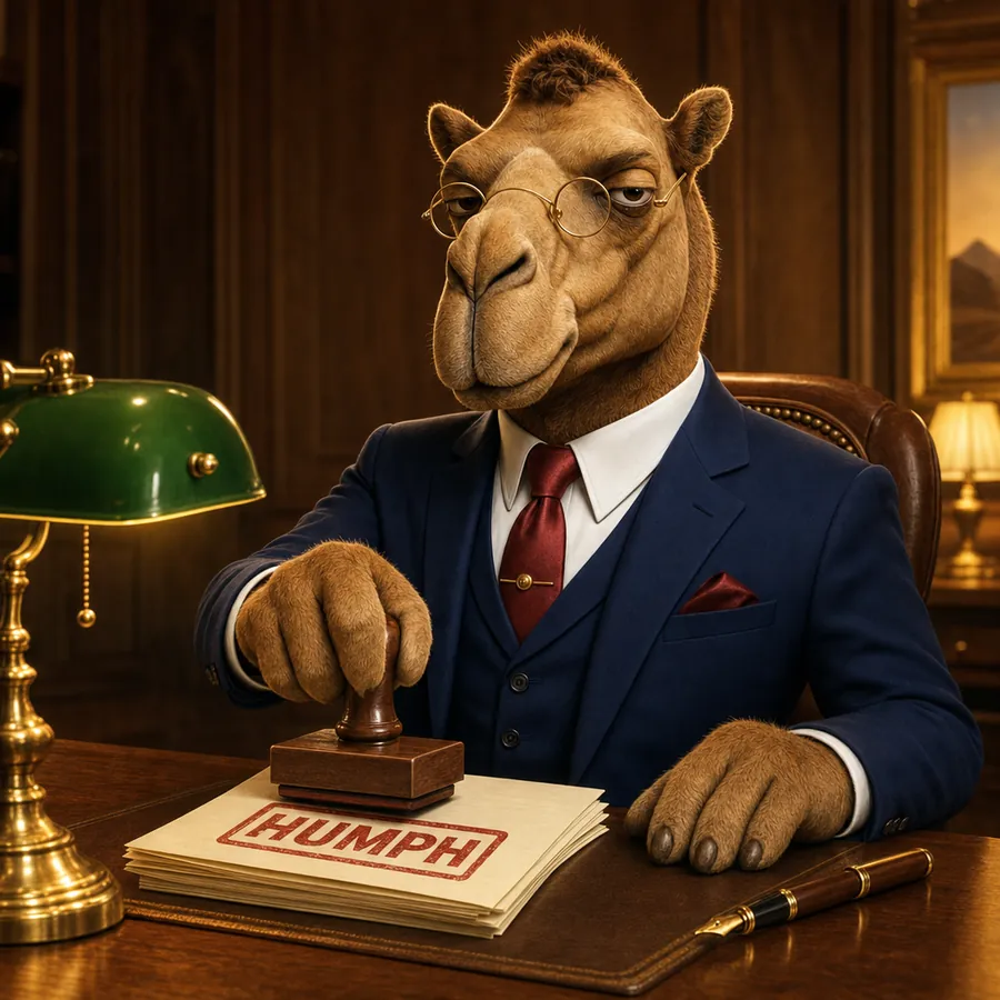 Humphrey at his desk pressing a rubber stamp marked HUMPH onto a stack of papers.